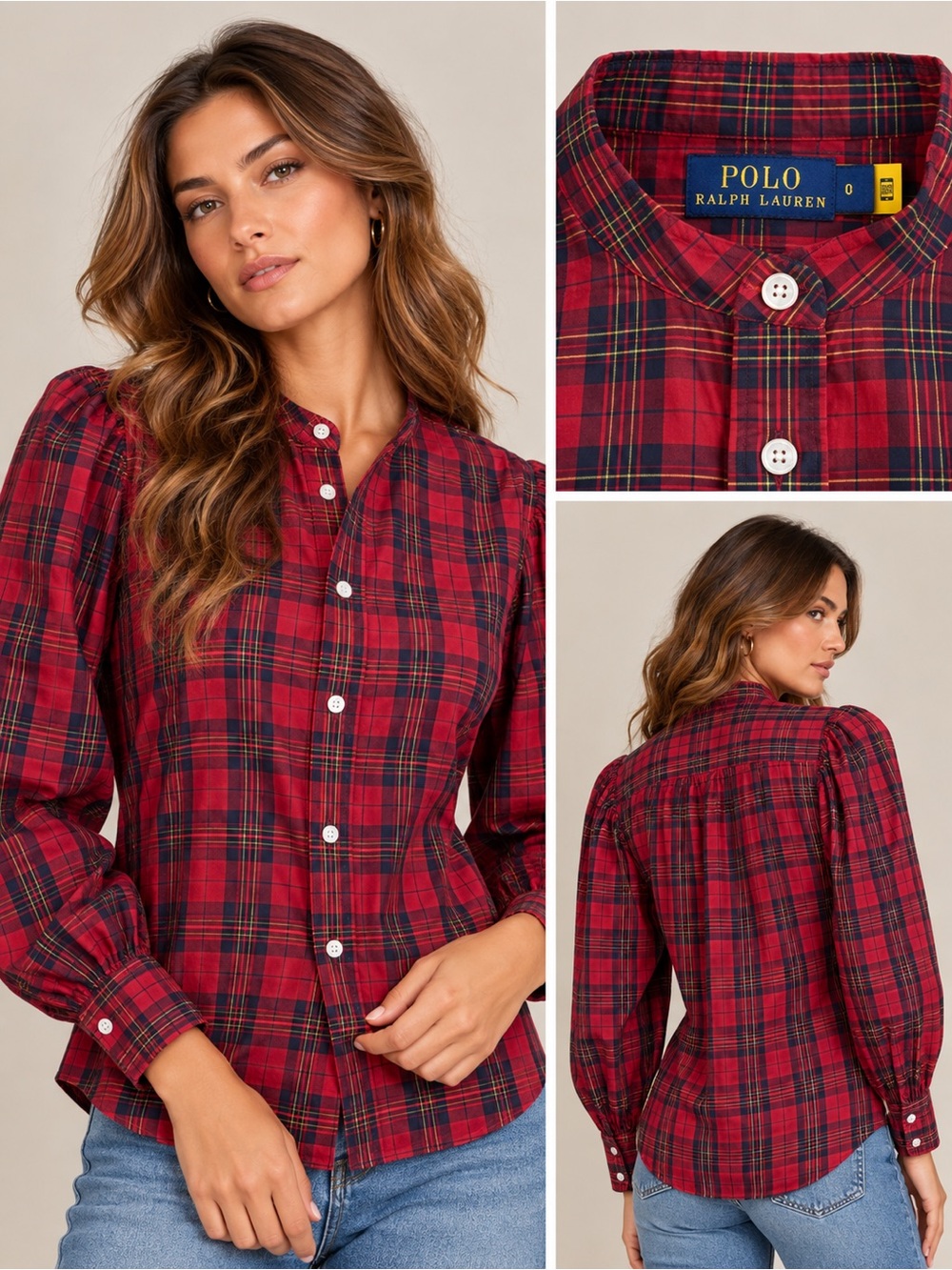 POLO Ralph Lauren Tartan Plaid Puff Sleeve Blouse Size 0